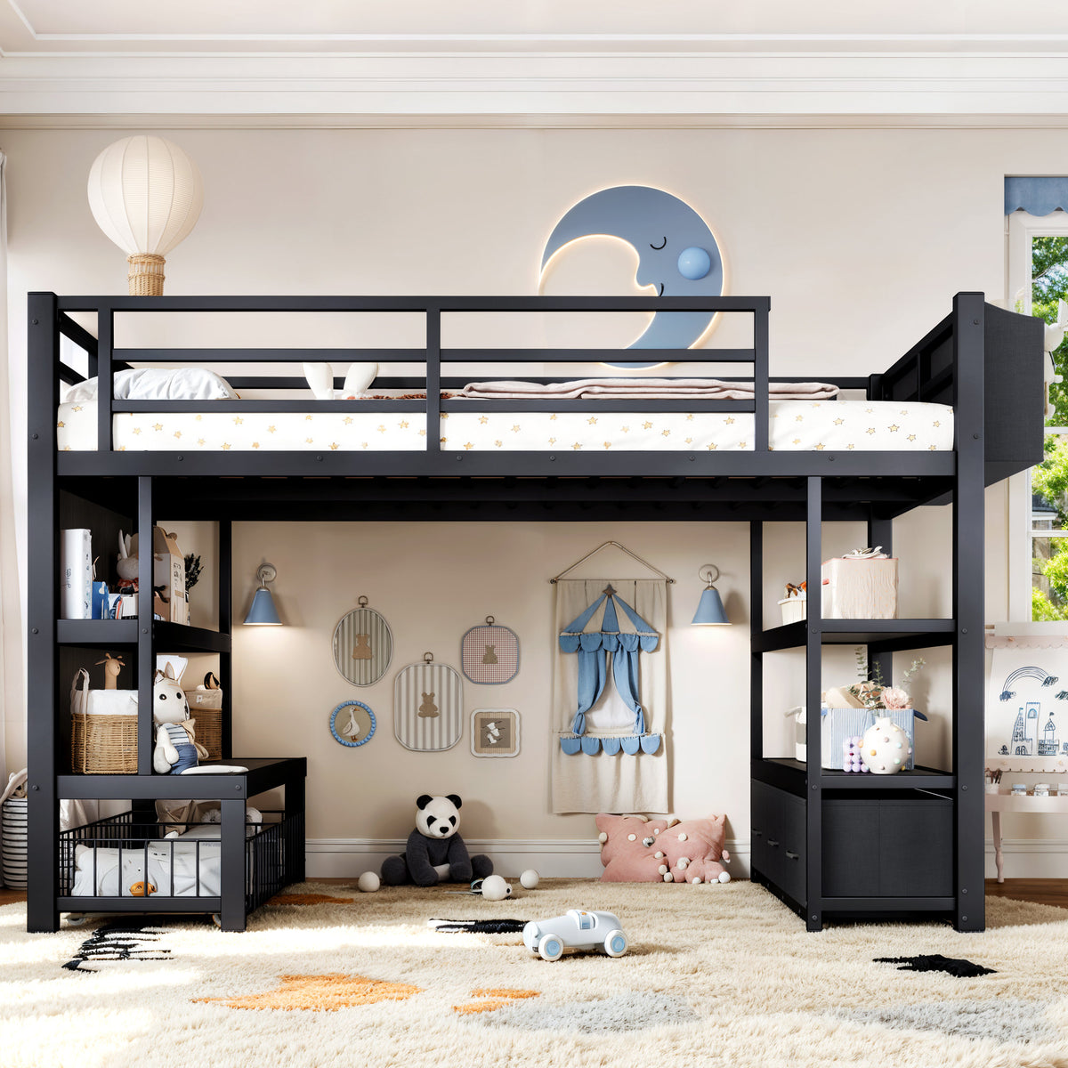 Twin Metal Low Loft Bed for Kids, Low Loft Bed with Storage Drawer, Low Loft Bed with Bookshelf & Storage Bag, Sturdy Low Loft bed Frame with Open Storage Space for Bedroom, Black