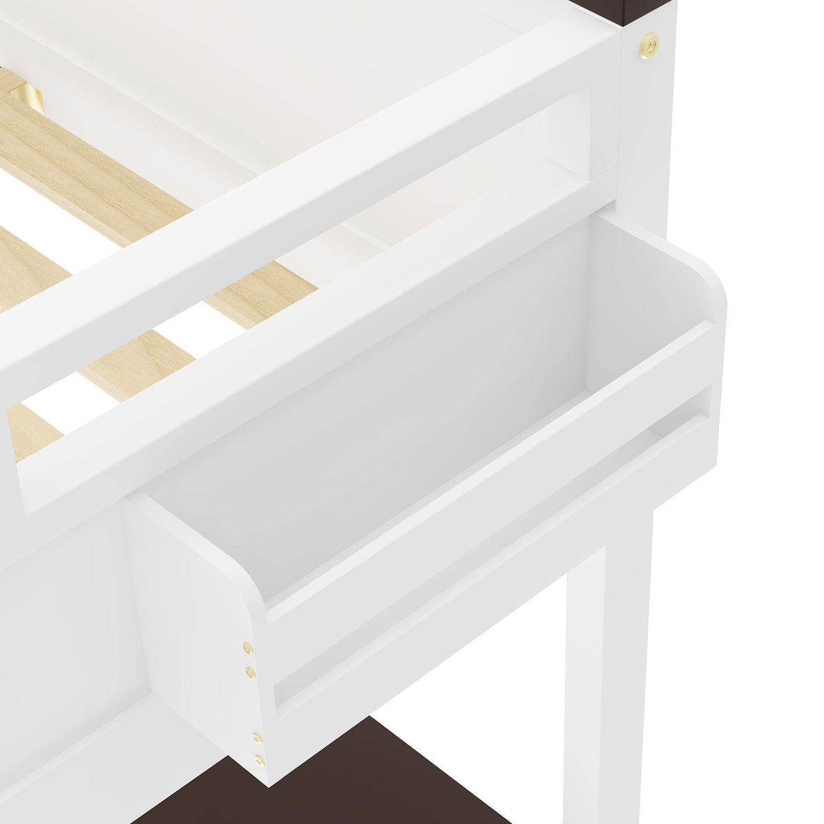 White Queen Size Loft Bed with Desk, Open Shelf, Storage Box and USB Charging Station, Pine+MDF