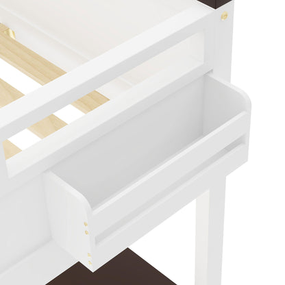 White Queen Size Loft Bed with Desk, Open Shelf, Storage Box and USB Charging Station, Pine+MDF