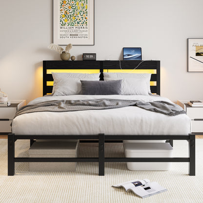 Queen Size  Metal Bed Frame with Wooden Headboard, RGB Lights, Charger, Storage Shelf, Noise-Free, No Box Spring Needed, Black