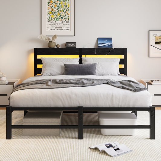 Queen Size  Metal Bed Frame with Wooden Headboard, RGB Lights, Charger, Storage Shelf, Noise-Free, No Box Spring Needed, Black