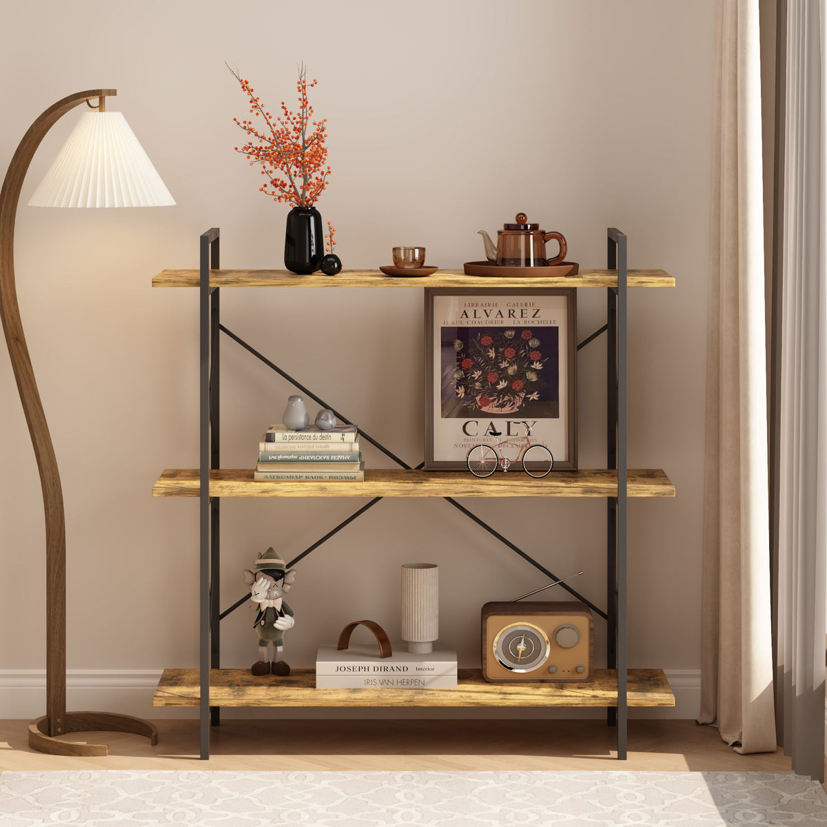 3-Tier Bookshelf, Horizontal Bookcase with Open Storage Shelves, Rustic Industrial Plant Stand, Wood & Metal Shelf for Living Room, Bedroom & Home Office (Rustic Brown)