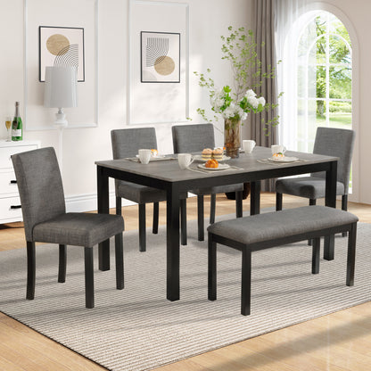 Modern 6-Piece Dining Table Set with Bench and Chairs for Dining Room or Kitchen - Light Grey & Black Two-Tone