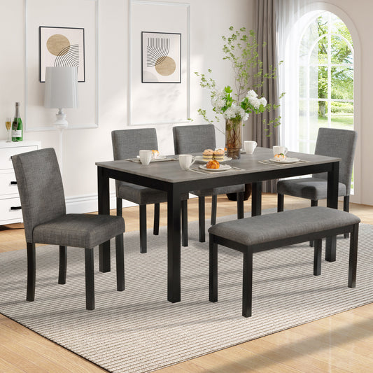 Modern 6-Piece Dining Table Set with Bench and Chairs for Dining Room or Kitchen - Light Grey & Black Two-Tone