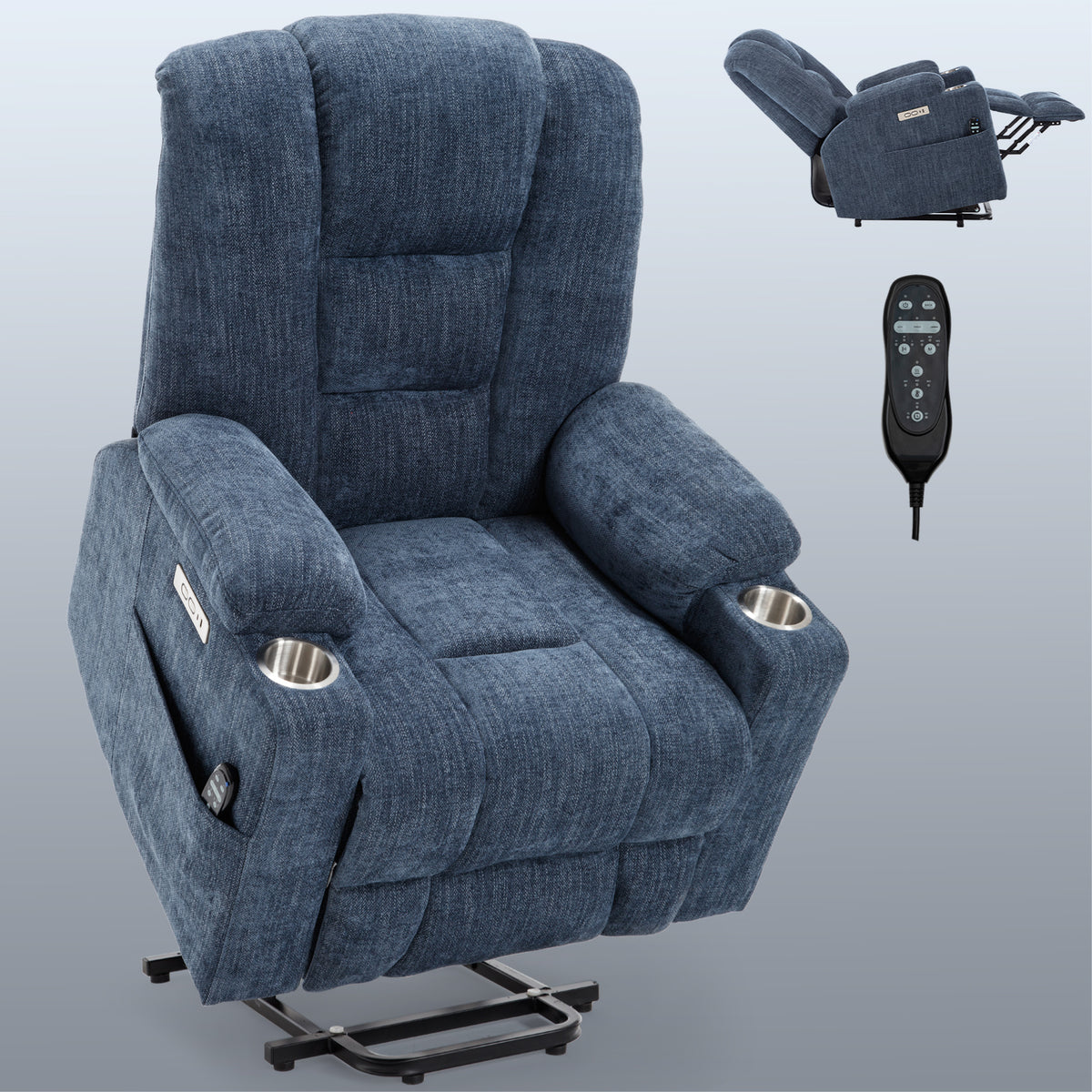 Power Lift Recliner Chair with Massage and Heat for Elderly, Overstuffed Wide Recliners, Heavy Duty Motion Mechanism with USB and Type C Ports, 2 Steel Cup Holders, Blue