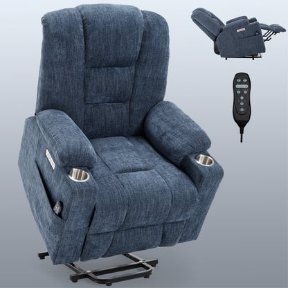 Power Lift Recliner Chair with Massage and Heat for Elderly, Overstuffed Wide Recliners, Heavy Duty Motion Mechanism with USB and Type C Ports, 2 Steel Cup Holders, Blue