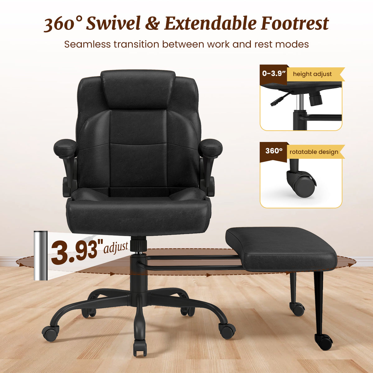 Cross Legged Office Chair with Arms, Wide Criss Cross Chair with Wheels, 360° Rotating Footrest, Height Adjustable Swivel Chair for ADHD,  Ergonomic Office Chair for Home Office Relaxing