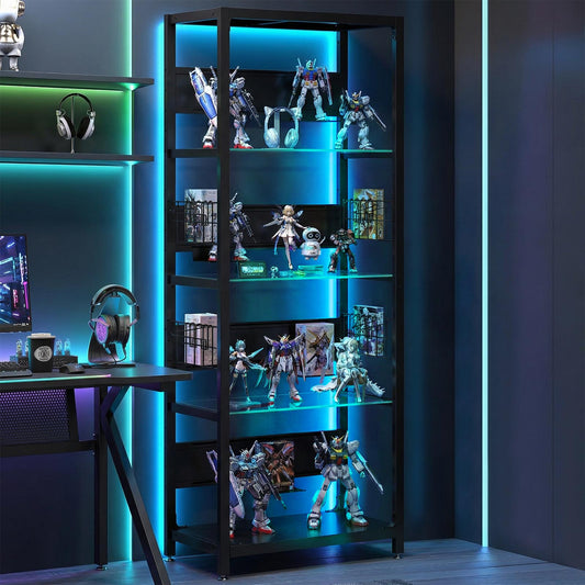 4-Tier Glass Display Shelf with RGB Lights, LED Lighted Curio Cabinet with Adjustable Storage Box & Hooks, Metal Frame Standing Shelf for Collectibles, Plants, Books, Living Room, Bedroom, Office