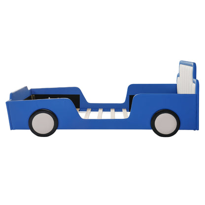 Twin Size Race Car-Shaped Platform Bed with Wheels,Blue