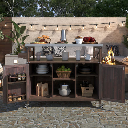 K&K Outdoor Kitchen Island, Rolling Bar Cart & Storage Cabinet, Farmhouse Solid Wood Outdoor Grill Table with Stainless Steel Top – Brown