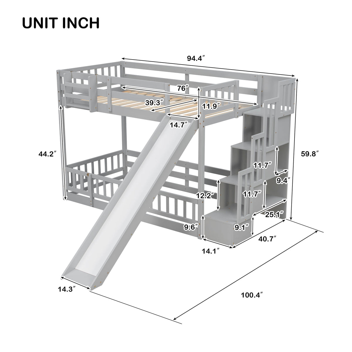Twin Over twin Bunk Bed with Slide, Storage Staircase, Bedside Storage Rack,LED lights,Pine Solid Wooden Bunk Bed with Safety Guardrails ,Grey