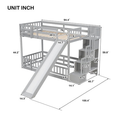 Twin Over twin Bunk Bed with Slide, Storage Staircase, Bedside Storage Rack,LED lights,Pine Solid Wooden Bunk Bed with Safety Guardrails ,Grey