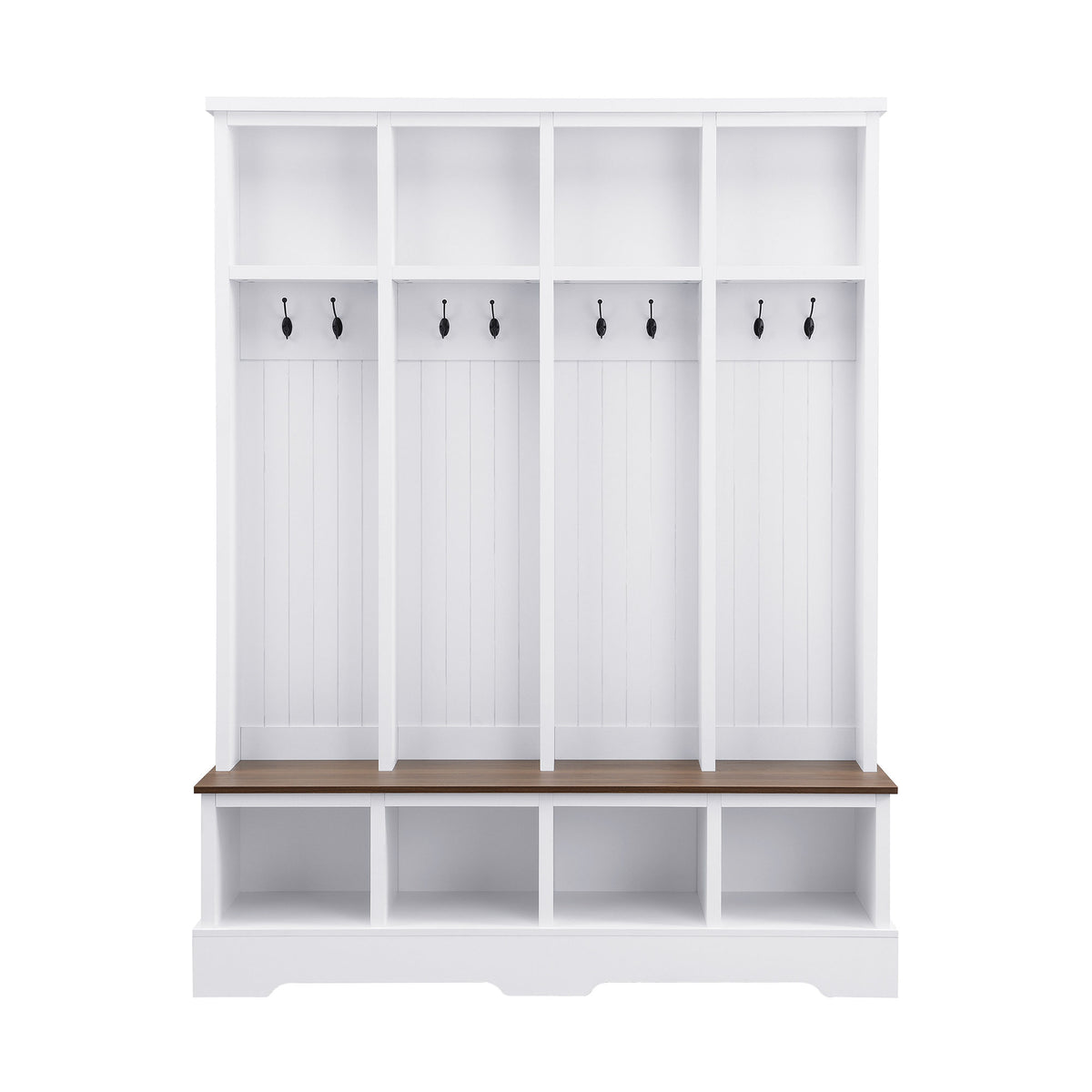 Farmhouse Hall Tree with 8 Hooks, Practical Entryway Bench with Open Compartments, 76.7"H Modern 3-in-1 Wooden Style Coat and Shoe Rack for Mudroom, Living Room, White (OLD SKU: N721S000075K)