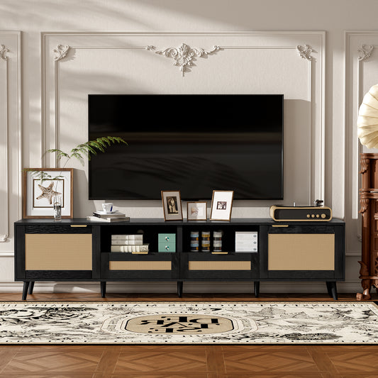 Modern Farmhouse Rattan TV Stand for TVs up to 85'', Black MDF and Solid Wood Media Console with Cable Management