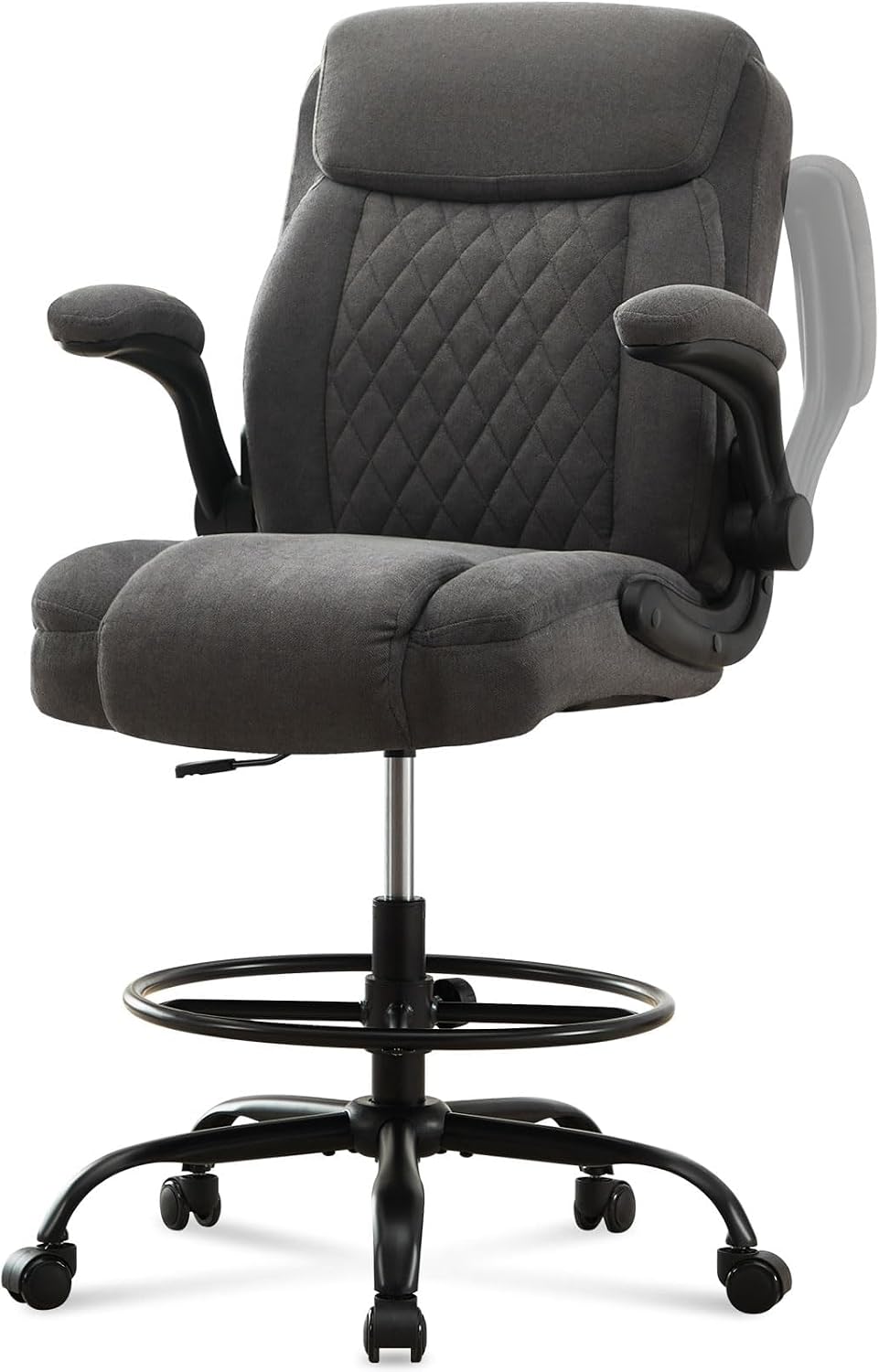 Drafting Chair Tall Office Chair for Standing Desk, Ergonomic Tall Desk Chair with Adjustable Foot Ring, Flip-Up Armrests, Lumbar Support, Comfortable Fabric Seat – Ideal for Home and Office
