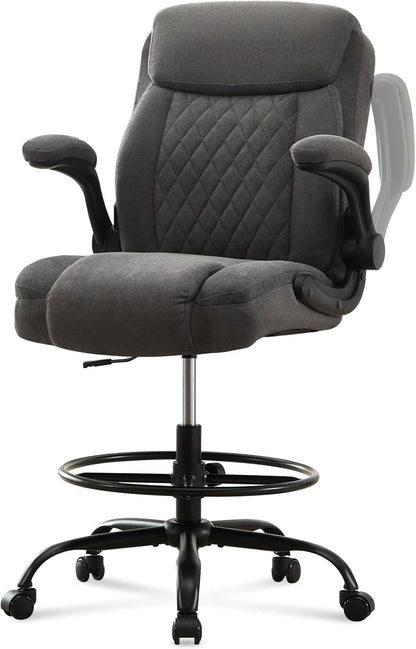 Drafting Chair Tall Office Chair for Standing Desk, Ergonomic Tall Desk Chair with Adjustable Foot Ring, Flip-Up Armrests, Lumbar Support, Comfortable Fabric Seat – Ideal for Home and Office