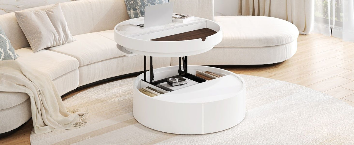 White Round Lift Coffee Table with 1 Drawer in 29.5', Marble Veneer and Wood Grain Tabletop