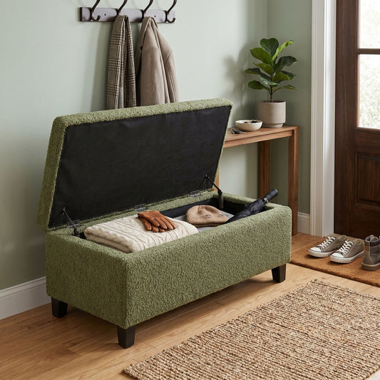 Storage Ottoman with Flip-Top Lid, Easy Assembly, Boucle Fabric & Rubber Wood Legs, Retro Green