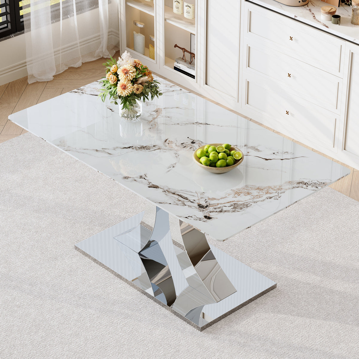 Transformable Heavy-Duty Stainless Steel Base in Silver 63" x 35" Dining Table  Luxury Pandora White Pattern Tempered Glass Rock Top for Kitchen Dining Room