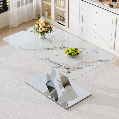 Transformable Heavy-Duty Stainless Steel Base in Silver 63" x 35" Dining Table  Luxury Pandora White Pattern Tempered Glass Rock Top for Kitchen Dining Room