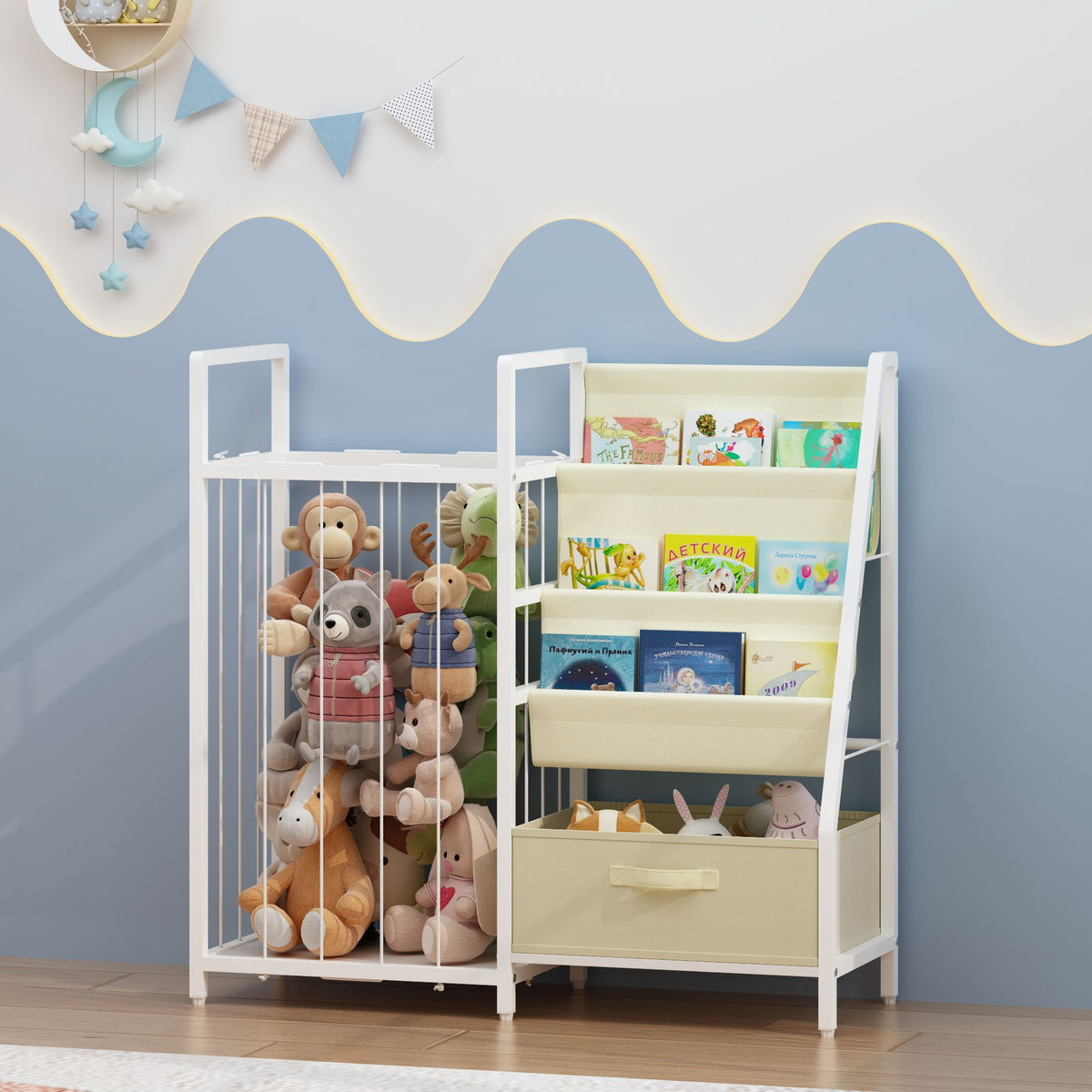 Kids Bookshelf and Toy Storage Organizer, Dual-Sided Children Bookshelf with Figure Display Storage and Book Sling Pockets, Toy Organizer for Playroom, Bedroom and Nursery
