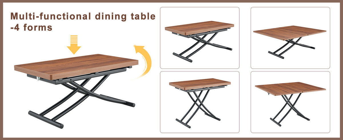 Modern minimalist multifunctional lift table with 0.8 inch thick MDF desktop and black metal legs, can be used as a dressing table, coffee table, dining table, and office table.Walnut textured desktop