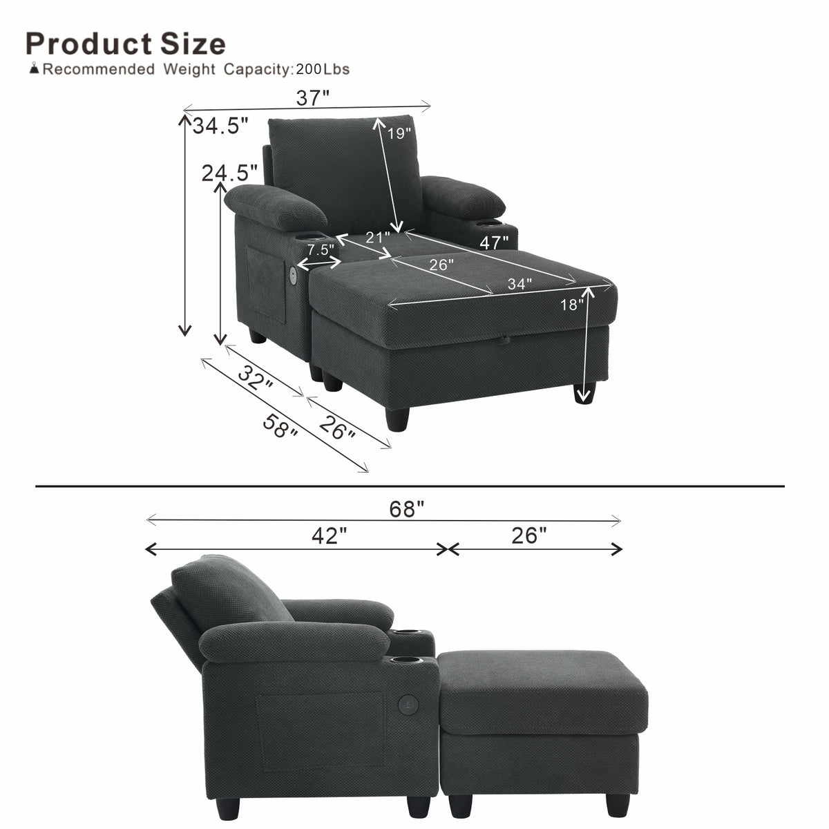 Accent Chair and Storage Ottoman Set, Versatile Single Chaise Lounge Convertible Sleeper Bed W/Reclining Backrest,Cupholders,USB-C Ports