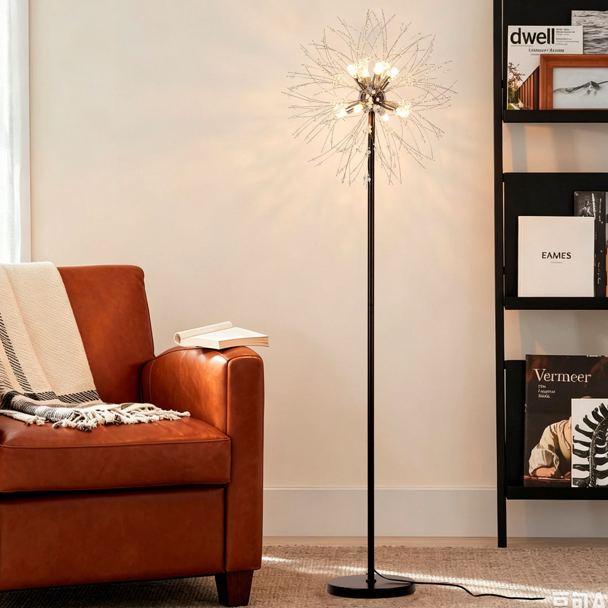 Dandelion Floor Lamp, Matte Black & Chrome Finish Metal Body with Glass Shade, Modern Standing Lamp for Home Decor