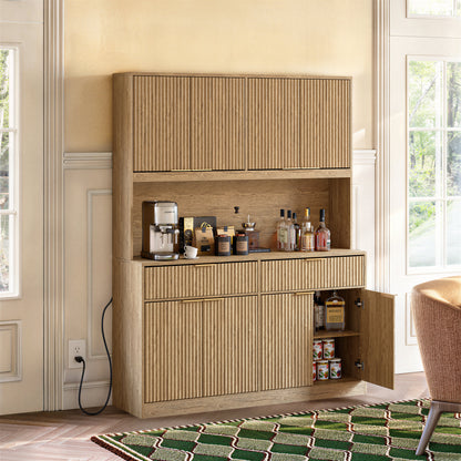 71" Tall Kitchen Pantry Cabinet with Power Outlet, Hollow Open Countertop, Modern Multi-Functional Storage Hutch Cabinet for Dining Room, Entryway and Living Room,Natural