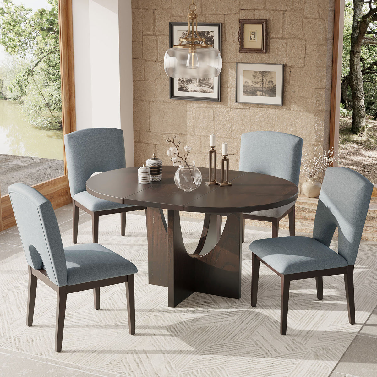 TOPMAX Modern 5-Piece Extendable Round Dining Table Set with 16.2inch Removable Leaf for Small Places, Espresso