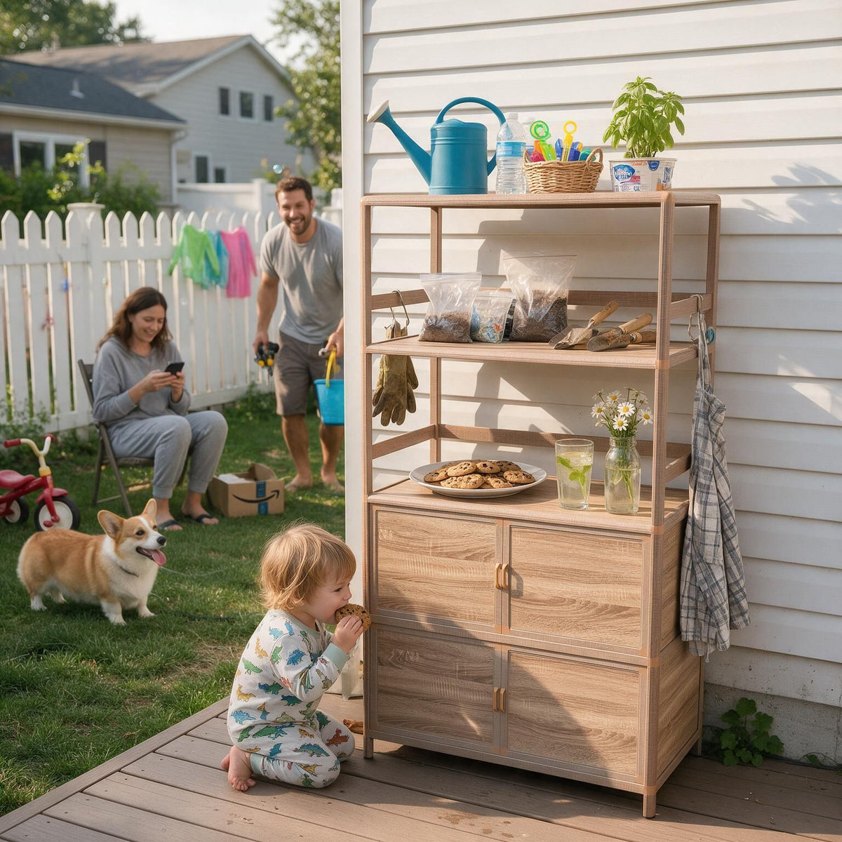 Tall Storage Cabinet with Open Shelving, 35.00" W x 16.73" D x 68.11" H, Freestanding Wood-Grain Aluminum Storage Cabinet with 4-Door Closed Storage for Kitchen, Entryway, Patio & Garage