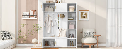 U-Can American Style 4-in-1 Hall Tree with Padded Bench, 4 Hooks, and Multi-Tier Storage Shelves – White