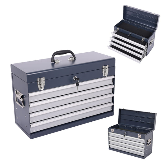 Heavy Duty Metal Tool Box, 21-inch, Portable Metal Tool Box with 4 Drawers, Small Tool Chest with EVA Liners – Grey