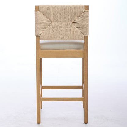 Hand‑Woven Rattan Counter Height Bar Stools Set of 2, 27 Inch Seat Height, Linen Upholstered Barstools with S‑Spring & High‑Density Sponge Cushion, Solid Wood Frame for Kitchen Island,SW1872MT