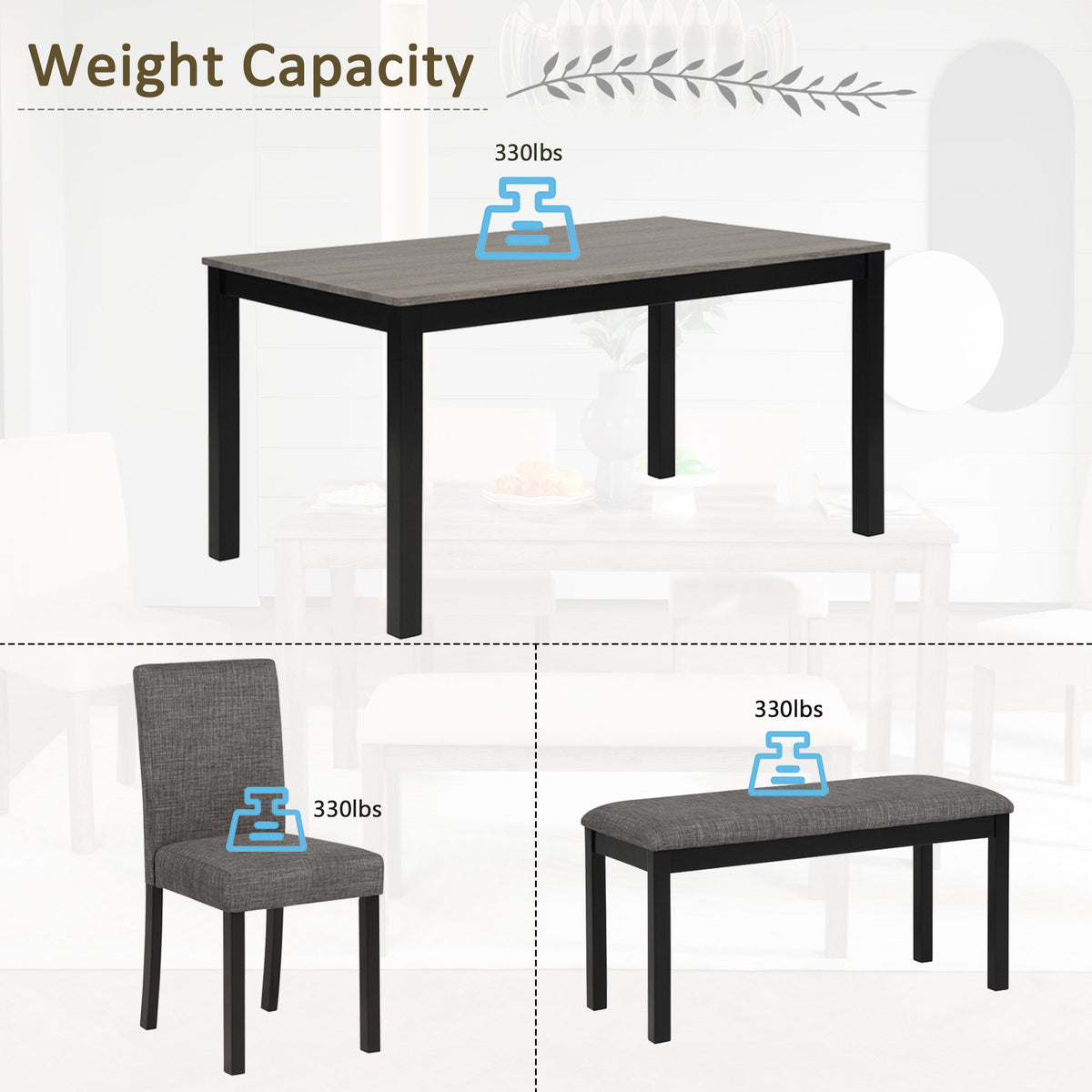Modern 6-Piece Dining Table Set with Bench and Chairs for Dining Room or Kitchen - Light Grey & Black Two-Tone