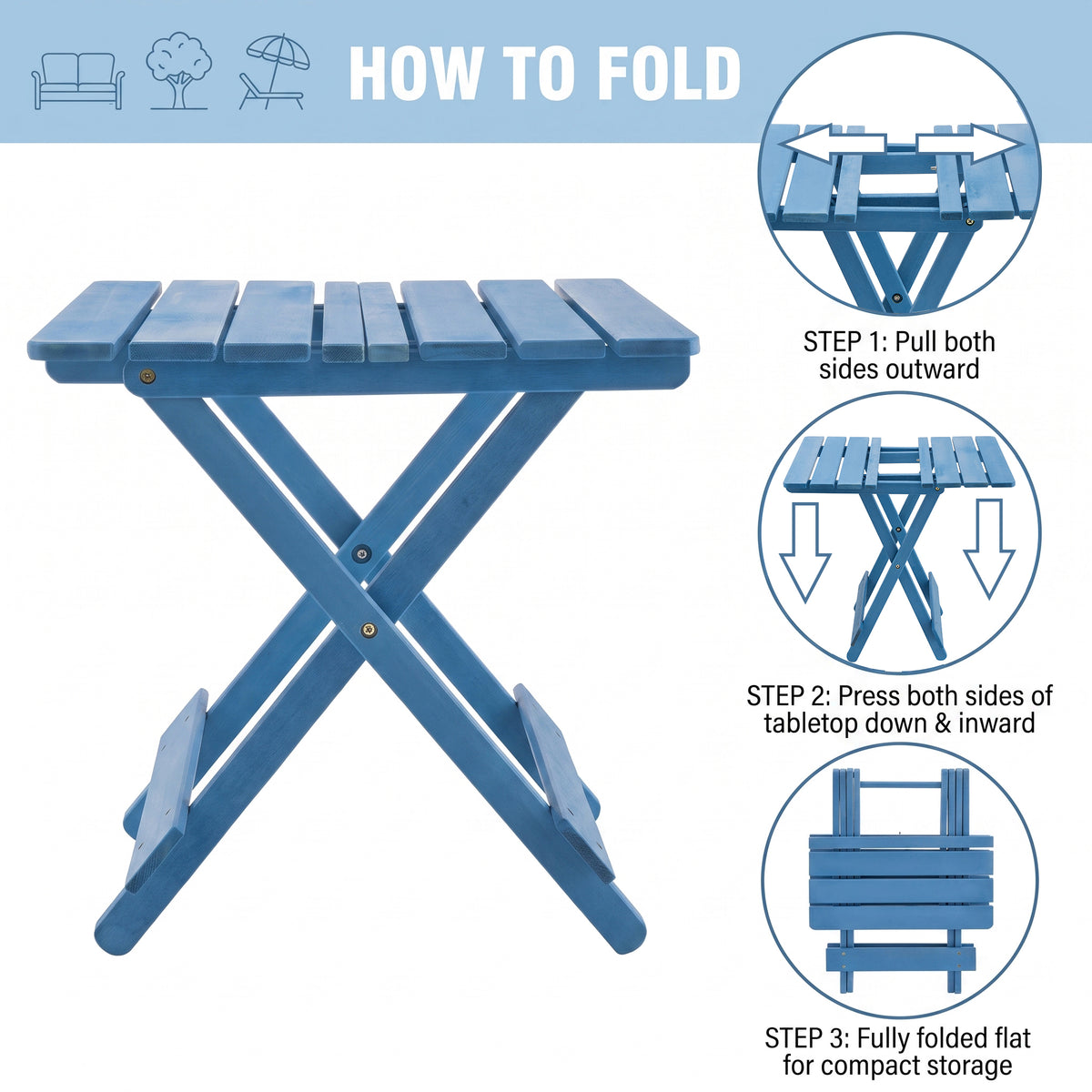 Folding Square Table Patio Outdoor solid wood Table for Backyard, Balcony, Portable Design Space-Saving Blue Color