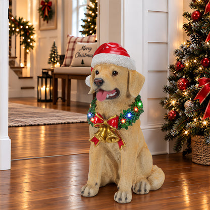 Lighted Christmas Labrador Retriever Dog Statue, Santa Hat Puppy Figurine with LED Wreath and Bells