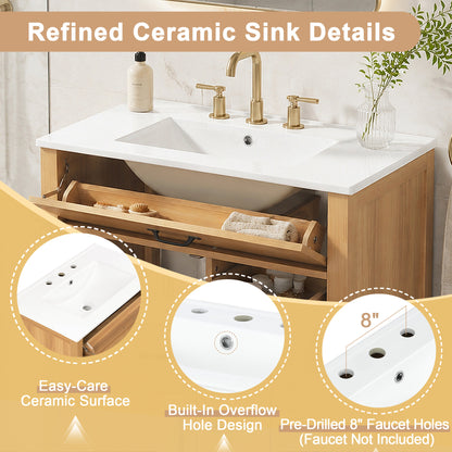 Modern 30 Inch Bathroom Vanity with Ceramic Sink, MDF Cabinet & Solid Wood Legs, Soft Close Drawers, Black Zinc Alloy Handles, Wood Finish