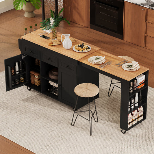 K&K 85.5" Kitchen Island with Extendable Dining Table, Kitchen Storage Table with 3 Side Open Shelves – Black