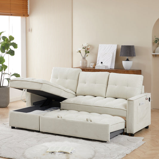 71.3" Reclining Sofa, Pull-Out Sofa Bed with USB and tape-c charging ports, L-Shaped Sectional Sofa with Reclining Storage and Arm Side Organizer Pocket Features, Living Room Comfort Sofa
