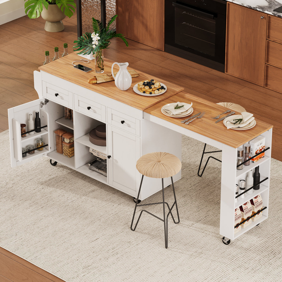 K&K 85.5" Kitchen Island with Extendable Dining Table, Kitchen Storage Table with 3 Side Open Shelves – White
