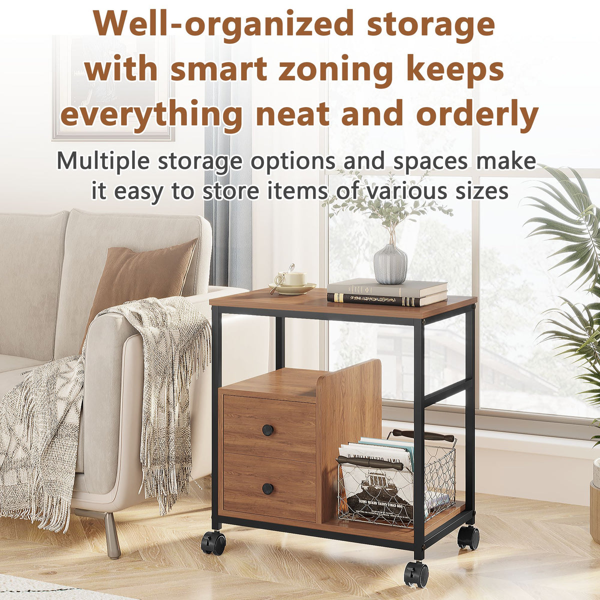 End Table with Wheels & Storage Drawers, Side Table,  Nightstand, Stable Metal Frame, Wood Top, for Bedroom Kitchen Living Room and Office, 14.9"D x 23.6"W x 25.7"H