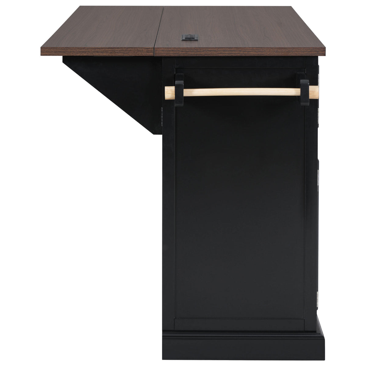 K&K 54.9" Kitchen Island with Drop Leaf, Power Outlet, Kitchen Storage Cart with 4 Door Shelves, Cross Barn Doors & Visual Glass Door – Black