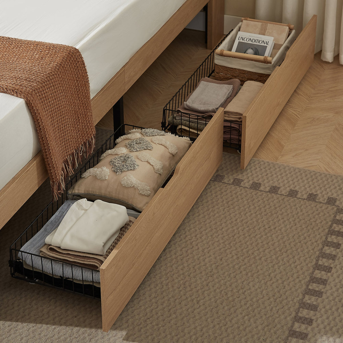 Queen Size Platform Bed Frame with 4 Storage Drawers and Built-in Charging Station, Wooden Storage Box Bed, Large Capacity Organizer Bed Frame for Bedroom,Natural