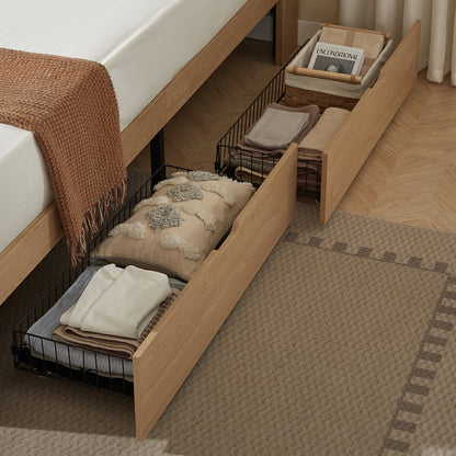 Queen Size Platform Bed Frame with 4 Storage Drawers and Built-in Charging Station, Wooden Storage Box Bed, Large Capacity Organizer Bed Frame for Bedroom,Natural