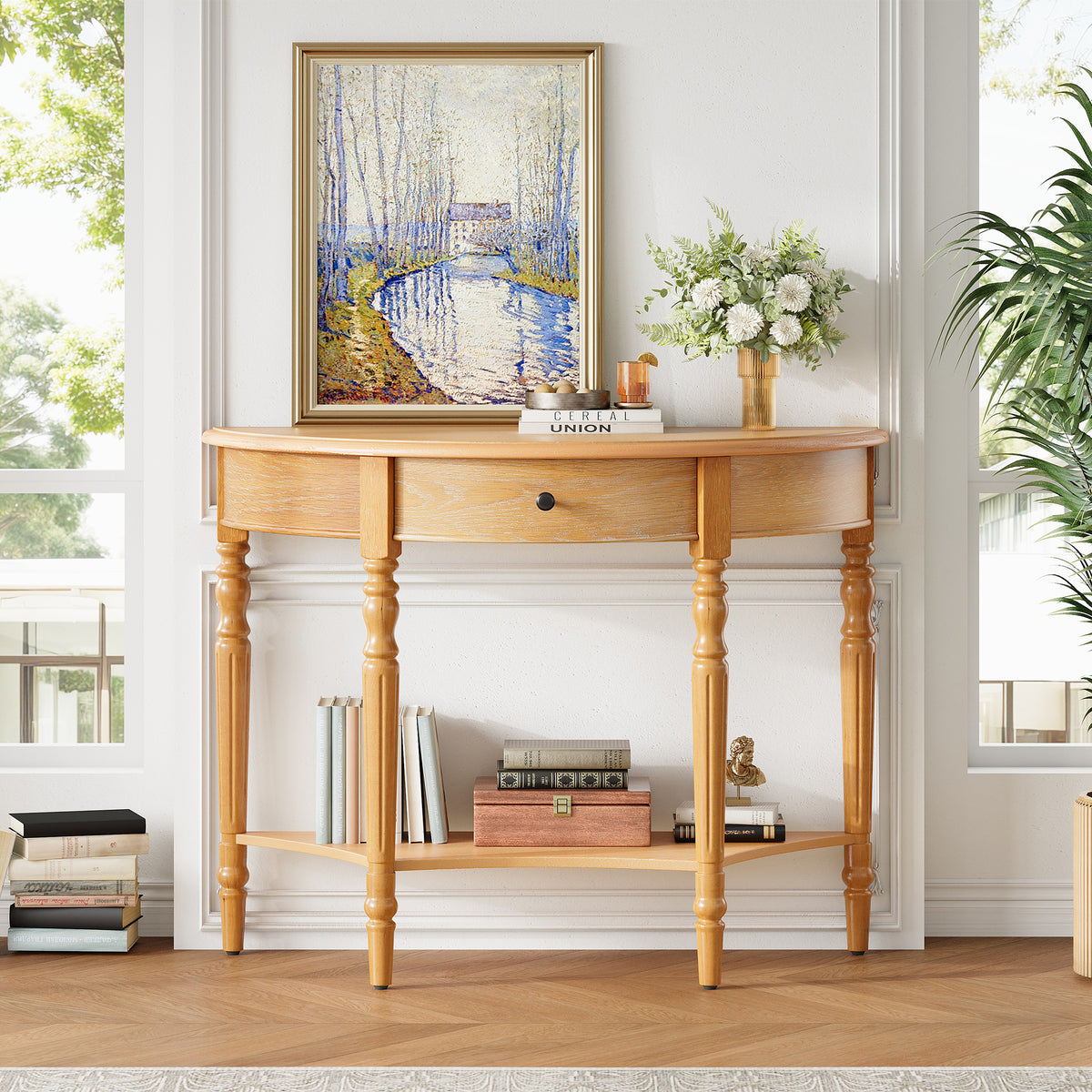 TREXM Farmhouse Half Moon Console Table with Drawer & Shelf - Rustic Accent Table, Sofa Table, Hallway and Foyer (Natural)