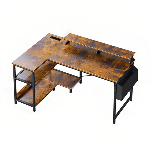 Vintage Black+Brown L Shaped Gaming Desk with Power Outlets, Monitor Stand & Storage Shelves, 47'' Reversible Corner Workstation for Home Office, Bedroom, Small Space