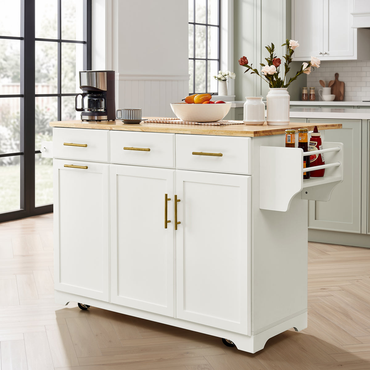 47.2' Kitchen Island with Storage 2 Pull Out Cabinet Organizers & Rubber Wood Drop Leaf, Rolling Kitchen Island with Trash Can Storage, Power Outlet, Spice & Towel Rack for Kitchen, White