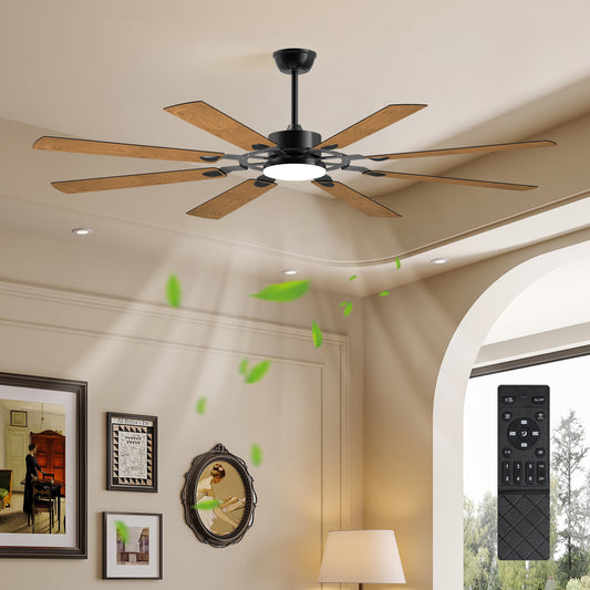 72-Inch 8-Blade Large Ceiling Fan, Reversible Quiet DC Motor, Indoor/Outdoor Modern Ceiling Fan, Living Room and Terrace, Black.