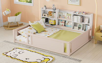 Full Size Wooden Platform Floor Bed with Guardrail Fence and Convenient Side Storage Shelves, Space-Saving Kids Bed Frame,Nude and White